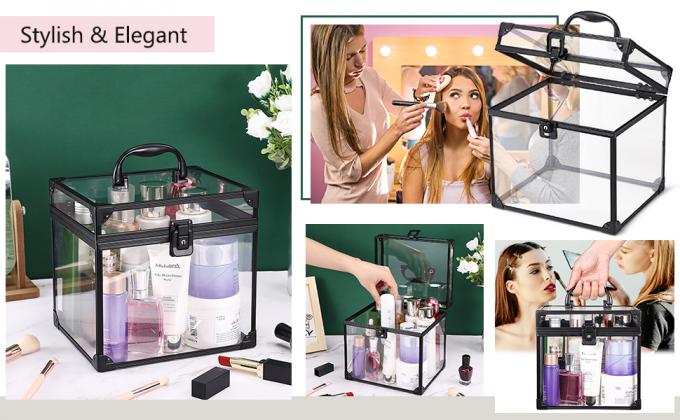 Draagbare cosmetica en toiletartikelen organisator doos, duidelijke trein koffer sloten en handle reis make-up gereedschappen opslag Organiseer 3