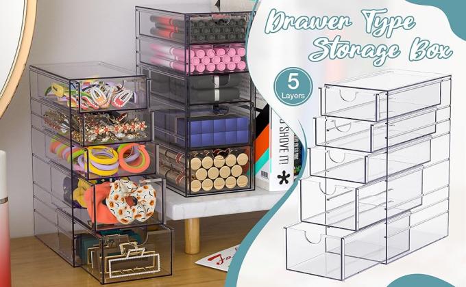 Doorzichtige containers voor het organiseren van haar accessoires, plastic haar accessoires organisator doos met 5 laden, haar accessoires 0