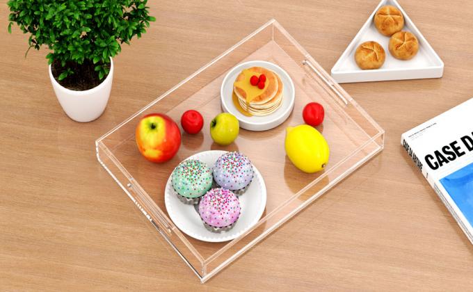 Acrylische decoratieve bak organisator voor Ottomaanse koffietafel met handvaten 11