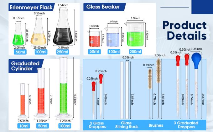 Laboratorium glaswerk Set Beaker Flask Cylinder Set 3 glazen bekers 3 Erlenmeyer Flasken 3 gegradueerde meetcilinders 2