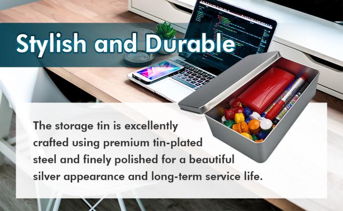 Zilveren metalen blikdozen - Grote containers, houder voor autosleutels, koekjes, potloodkas, 8,2 x 4,7 x 2,4 inch 3