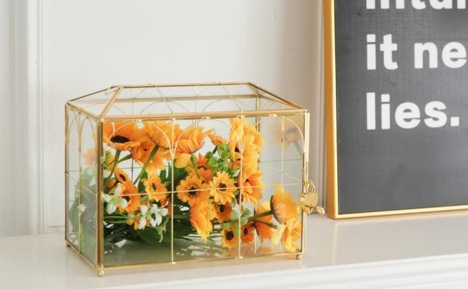 Glazen trouwkaartdoos met slot, grote heldere kaartdoos Goud Messing cadeaubestanddoos met slot voor de bruiloft 0