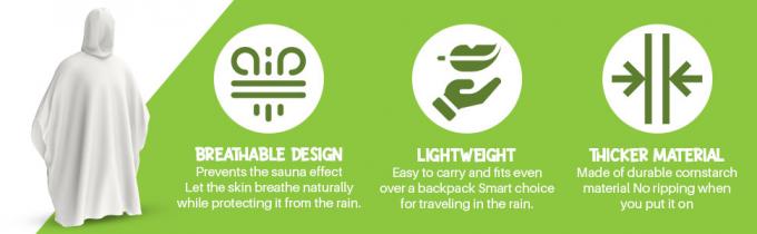 100% op planten gebaseerd, composteerbaar, biologisch afbreekbaar, maïszetmeel, recycleerbaar, gerecycled regen ponchos met kap volwassenen 0