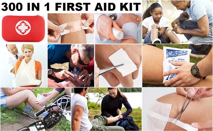 Essentiële medische benodigdheden voor noodgevallen. Verpakte rode waterdichte doos. 2