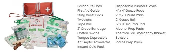 parachute cord, guide, pads, tweezers, tape, bandage, swabs, towels, gloves, scissors