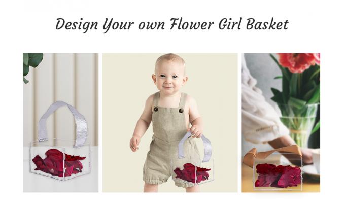 Duidelijke bloemenmeisjesmandje voor bruiloft - Acryl bruiloftsmandje decoratie, aangepaste naam, handvat met zijde lint 0