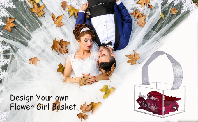 Duidelijke bloemenmeisjesmandje voor bruiloft - Acryl bruiloftsmandje decoratie, aangepaste naam, handvat met zijde lint 2