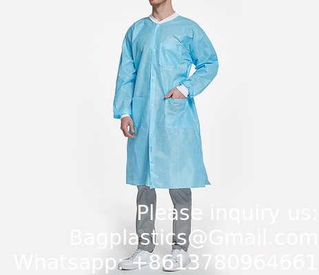 Lab jas SMS werk dragen Pocket Uniform Scrub Knie Lengte Niet-geweven Wegwerp met gebreide halsband En manchetten