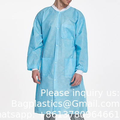Lab jas SMS werk dragen Pocket Uniform Scrub Knie Lengte Niet-geweven Wegwerp met gebreide halsband En manchetten