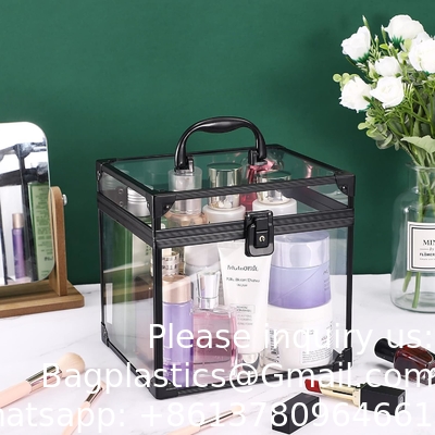 Draagbare cosmetica en toiletartikelen organisator doos, duidelijke trein koffer sloten en handle reis make-up gereedschappen opslag Organiseer