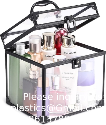 Draagbare cosmetica en toiletartikelen organisator doos, duidelijke trein koffer sloten en handle reis make-up gereedschappen opslag Organiseer
