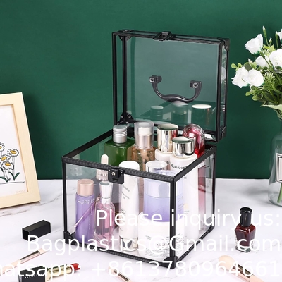 Draagbare cosmetica en toiletartikelen organisator doos, duidelijke trein koffer sloten en handle reis make-up gereedschappen opslag Organiseer