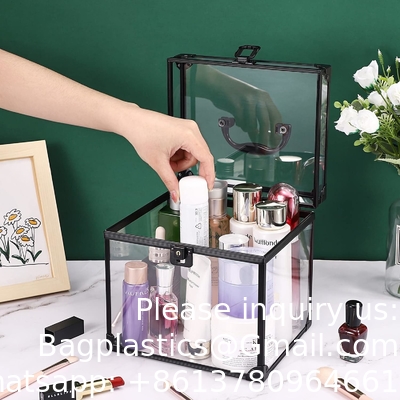 Draagbare cosmetica en toiletartikelen organisator doos, duidelijke trein koffer sloten en handle reis make-up gereedschappen opslag Organiseer