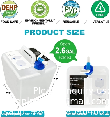 Watercontainer 2,6-gallon BPA-vrij, wateropslagcontainers voor noodgevallen met spigot, opvouwbare draagbare opslagpot