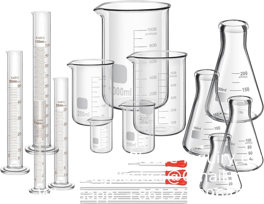 Laboratoriumglaswerk omvat 4 geslaagde cilindersets, 4 glazen bekersets, 3 glazen druppelsets, 4 roerstokken, 5 meetbekers