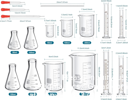 Laboratoriumglaswerk omvat 4 geslaagde cilindersets, 4 glazen bekersets, 3 glazen druppelsets, 4 roerstokken, 5 meetbekers