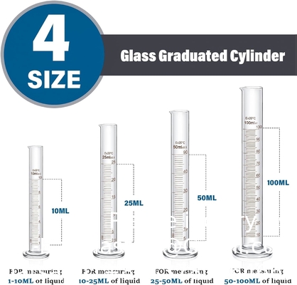 Laboratoriumglaswerk omvat 4 geslaagde cilindersets, 4 glazen bekersets, 3 glazen druppelsets, 4 roerstokken, 5 meetbekers