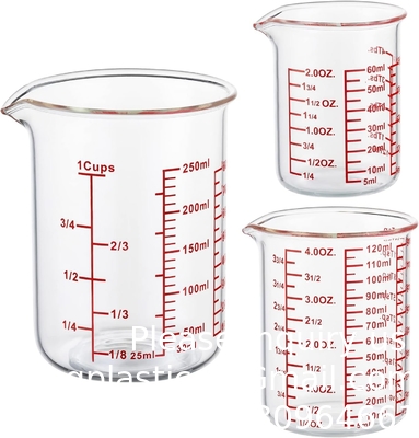Borosilicaat glas meetbeker Set-V-vormige slang omvat 60ml ((2OZ), 120ml ((4OZ), 250ml ((8OZ) glas meetbeker