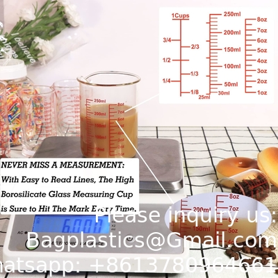 Borosilicaat glas meetbeker Set-V-vormige slang omvat 60ml ((2OZ), 120ml ((4OZ), 250ml ((8OZ) glas meetbeker