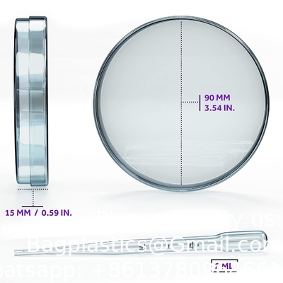 Steriele petrischalen met deksels (90 x 15 mm), 2 ml plastic pipetten voor laboratoriumanalyse, schoolprojecten, bloedmonsters