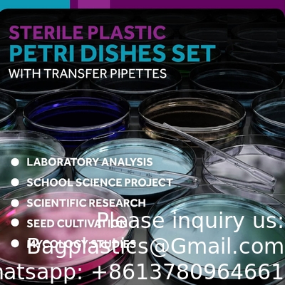 Steriele petrischalen met deksels (90 x 15 mm), 2 ml plastic pipetten voor laboratoriumanalyse, schoolprojecten, bloedmonsters