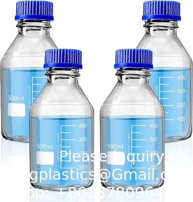 Laboratorium water reagens Wetenschappelijk 500 ml glas Ronde media opslagflessen met GL45 schroefdop, borosilicaat glas