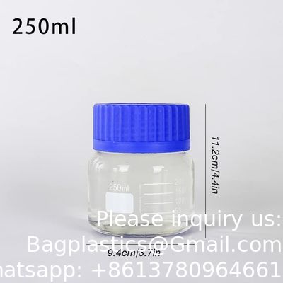 Grote mond gegradueerde ronde reagensmedia/opslaglaboratorium glasflesset met GL80 blauwe polypropyleen schroefkappen