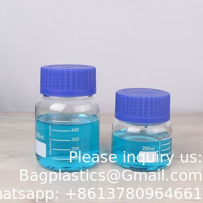 Grote mond gegradueerde ronde reagensmedia/opslaglaboratorium glasflesset met GL80 blauwe polypropyleen schroefkappen