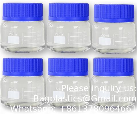 Grote mond gegradueerde ronde reagensmedia/opslaglaboratorium glasflesset met GL80 blauwe polypropyleen schroefkappen