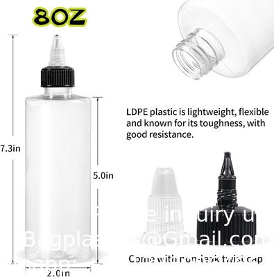 8oz plastic klemflessen, helder olie dispenser druppelfles applicator met twist top cap