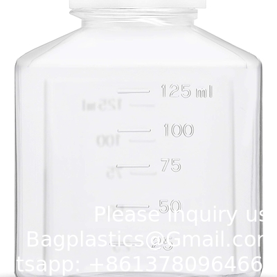 Wetenschappelijke 125 ml Plastic Reagent Flask 6-Pack Laboratory Chemical Storage - Clear Graduated Square Polycarbonate
