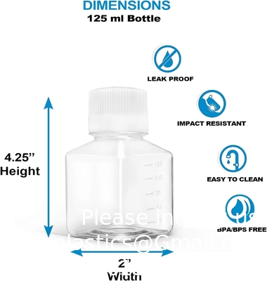 Wetenschappelijke 125 ml Plastic Reagent Flask 6-Pack Laboratory Chemical Storage - Clear Graduated Square Polycarbonate