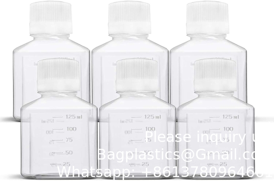 Wetenschappelijke 125 ml Plastic Reagent Flask 6-Pack Laboratory Chemical Storage - Clear Graduated Square Polycarbonate