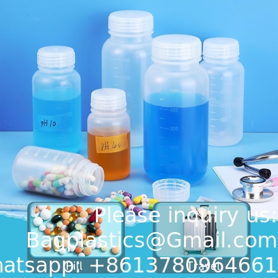 Laboratoriumfles met reagens van polypropyleen met een breed mondje met afgeleide schaal, herbruikbare plastic flessen met doppen