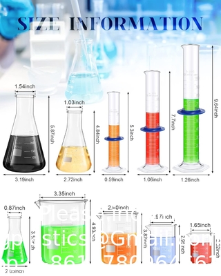 Laboratoriumglaswerkstel Beaker Flask Cylinder Set omvat Erlenmeyer Flasken, Glasbekers, Afgestudeerde meetcilinders