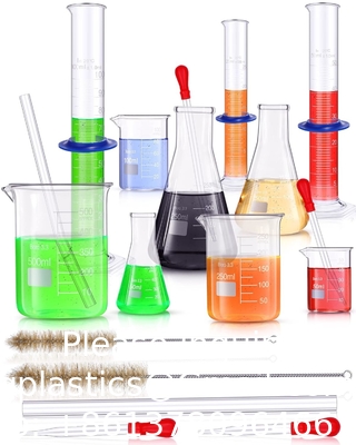 Laboratoriumglaswerkstel Beaker Flask Cylinder Set omvat Erlenmeyer Flasken, Glasbekers, Afgestudeerde meetcilinders
