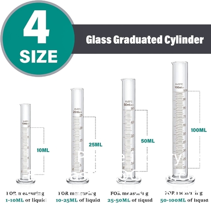 Glas- of kunststofcylinderbeker set, dikke laboratoriumcylinders (10 ml, 25 ml, 50 ml, 100 ml), beker