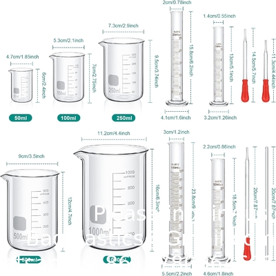 Glas- of kunststofcylinderbeker set, dikke laboratoriumcylinders (10 ml, 25 ml, 50 ml, 100 ml), beker