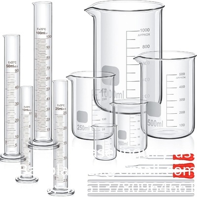 Glas- of kunststofcylinderbeker set, dikke laboratoriumcylinders (10 ml, 25 ml, 50 ml, 100 ml), beker