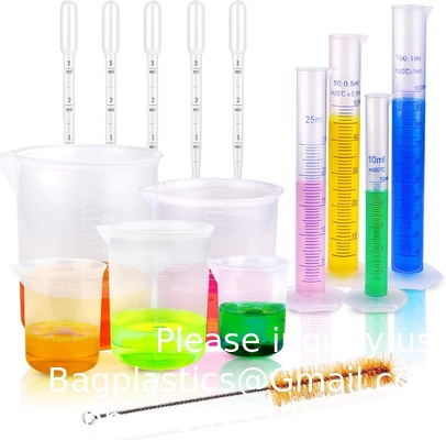 Plastic gegradueerde cilinders en bekers 5 pipetten, 10 ml 25 ml 50 ml 100 ml cilinders, 50 ml 100 ml 250 ml 500 ml 1000 ml