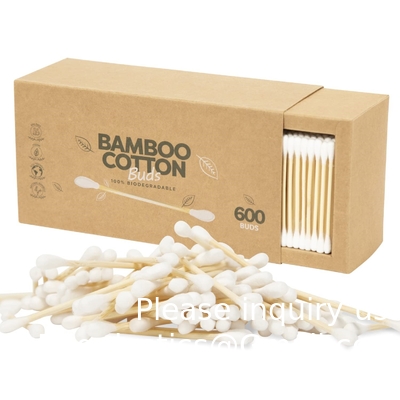 Biologische katoenswabs 600 Pack - biologisch afbreekbare veganistische bamboe katoenknoppen met plantaardige verpakking, houten oorswabs