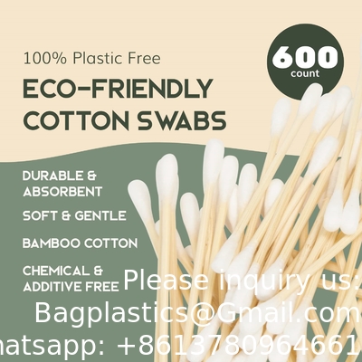 Biologische katoenswabs 600 Pack - biologisch afbreekbare veganistische bamboe katoenknoppen met plantaardige verpakking, houten oorswabs