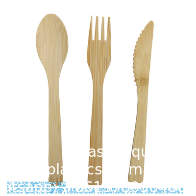 Eenmalige bamboe houten bestek set. 100% natuurlijke milieuvriendelijke biologisch afbreekbare en composteerbare gereedschappen.