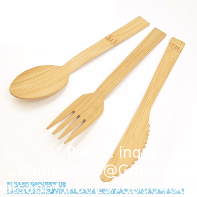 Eenmalige bamboe houten bestek set. 100% natuurlijke milieuvriendelijke biologisch afbreekbare en composteerbare gereedschappen.