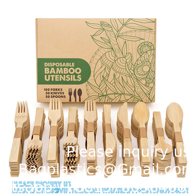 Eenmalige bamboe houten bestek set. 100% natuurlijke milieuvriendelijke biologisch afbreekbare en composteerbare gereedschappen.