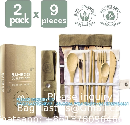 Eenmalige bamboe houten bestek set. 100% natuurlijke milieuvriendelijke biologisch afbreekbare en composteerbare gereedschappen.