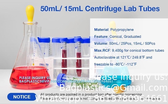Centrifugebuizen 15 ml, kegelvormige buizen steriele 50 stuks, polypropyleen, lekvrije schroefkappen, plastic container