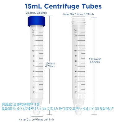 Centrifugebuizen 15 ml, kegelvormige buizen steriele 50 stuks, polypropyleen, lekvrije schroefkappen, plastic container