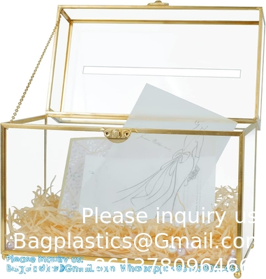 Glazen trouwkaartdoos met slot, heldere kaartdoos Goud Messing cadeaubestanddoos Perfect voor trouwfeesten
