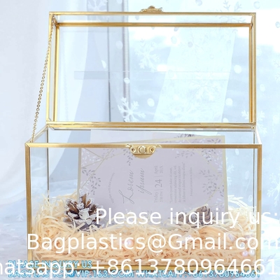 Glazen trouwkaartdoos met slot, heldere kaartdoos Goud Messing cadeaubestanddoos Perfect voor trouwfeesten